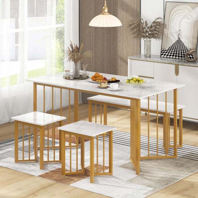 Costway 4 Seater Dining Set with Bench and Stools White and Golden - Multi - Wilko - image 1