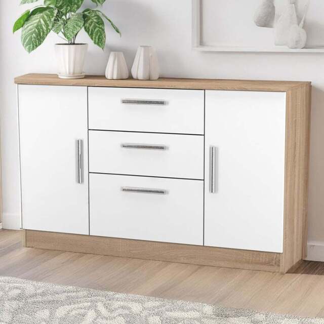 Crowndale Contrast 2 Door 3 Drawer White Matt and Bardolino Oak Sideboard Ready Assembled - Size: 79 x 126 x 39cm - White Matt & Bardolino Oak - Wilko - image 1