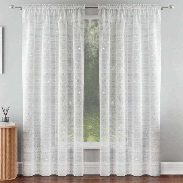 Tyrone Textiles Lima Silver Metallic Lurex Stripe Rod Pocket Voile Panel Curtains 140 x 137cm - Size: W 140 x D 137cm - Wilko - image 1