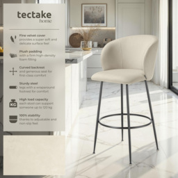tectake Luana Cream and Black Velvet Look Padded Bar Stool Set of 2 - Wilko - thumbnail 4