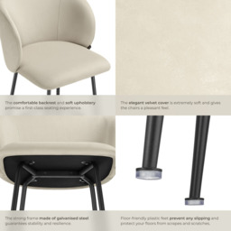 tectake Luana Cream and Black Velvet Look Padded Bar Stool Set of 2 - Wilko - thumbnail 7