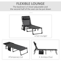 Outsunny Black Portable Garden Reclining Sun Lounger - Size: 1 Seater - Wilko - thumbnail 5