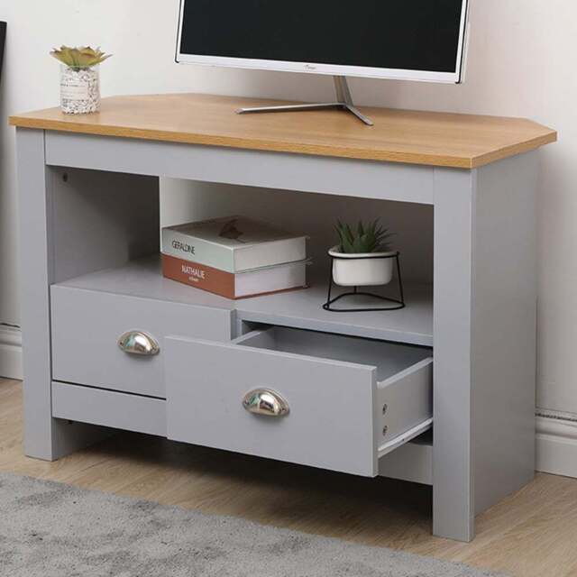 FurnitureHMD 2 Drawer Single Shelf Grey and Oak Effect Wooden Corner TV Unit - Size: 58 x 85 x 39cm - Wilko - image 1