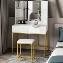 Kosy Koala Annabelle 2 Drawer 4 Shelf White and Gold Dressing Table Set with LED Mirror - Size: 140 x 90 x 40cm - Wilko