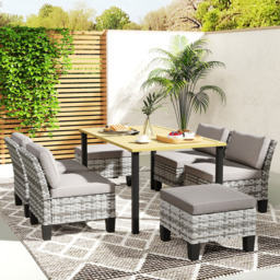 Outsunny 6 Seater Grey Rattan Garden Dining Set with Cushions and Umbrella Hole - Wilko