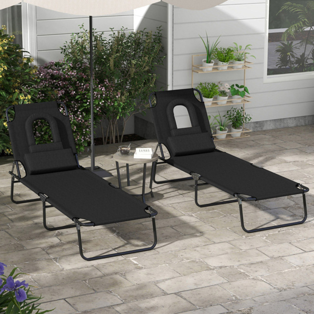 Outsunny Set of 2 Black Folding Sun Lounger with Reading Hole - Size: 36 x 58 x 187cm - Wilko - image 1