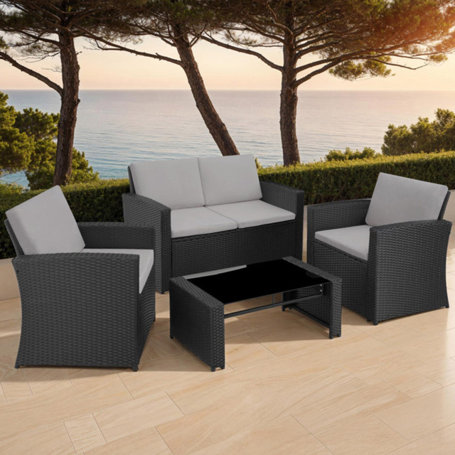 tectake Lucca 4 Seater Black and Grey Rattan Garden Sofa Set - Wilko - image 1