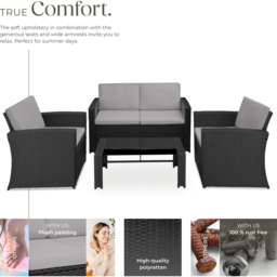 tectake Lucca 4 Seater Black and Grey Rattan Garden Sofa Set - Wilko - thumbnail 4