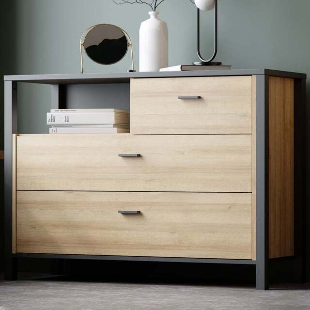 Florence High Rock 3 Drawer Matt Black and Riviera Oak Chest of Drawers - Furniture to Go - Wilko - image 1