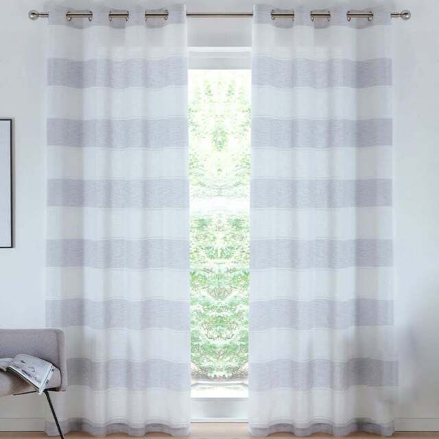Tyrone Textiles Santorini Grey Linen Look Striped Eyelet Voile Panel Curtains 140 x 183cm - Size: W 140 x D 183cm - Wilko - image 1
