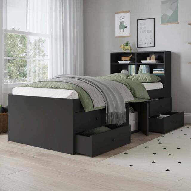 Kudl Captain Single 2 Door 4 Drawer Black Cabin Bed with Bookcase Headboard - Wilko - image 1