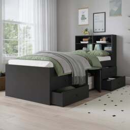 Kudl Captain Single 2 Door 4 Drawer Black Cabin Bed with Bookcase Headboard - Wilko