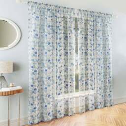 Tyrone Textiles Mia Blue Floral Print Sheer Rod Pocket Voile Panel Curtains 140 x 183cm - Size: W 140 x D 183cm - Wilko - thumbnail 1