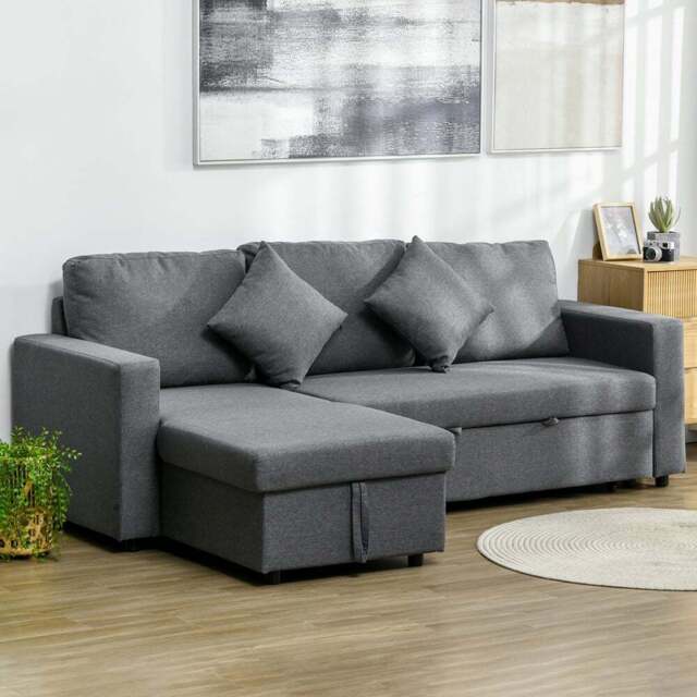 HOMCOM 3 Seater Dark Grey L Shaped Convertible Pull Out Corner Sofa Bed with Storage - Wilko - image 1