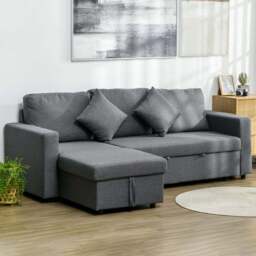 HOMCOM 3 Seater Dark Grey L Shaped Convertible Pull Out Corner Sofa Bed with Storage - Wilko