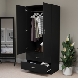 Vida Designs Riano 2 Door 2 Drawer Black Wardrobe - Size: 2 Door, 2 Drawer - Wilko - thumbnail 6