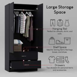 Vida Designs Riano 2 Door 2 Drawer Black Wardrobe - Size: 2 Door, 2 Drawer - Wilko - thumbnail 7