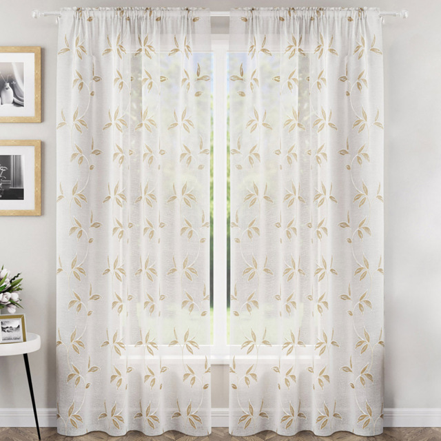 Enhanced Living Oasis Natural Embroidered Leaf Design Sheer Rod Pocket Voile Panels 140 x 137cm - Cream - Tyrone Textiles - Wilko