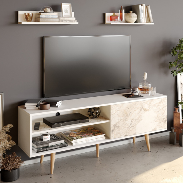 Decorotika Pi Single Door White Marble TV Unit - Size: 59 x 160 x 35cm - Multi - Wilko - image 1