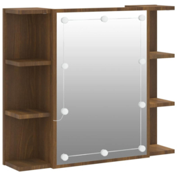vidaXL Single Door 6 Open Shelf Brown Oak LED Mirror Bathroom Cabinet - Size: 60 x 70 x 16.5cm - Wilko - thumbnail 3