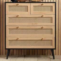 Croxley 5 Drawer Black and Oak Rattan Chest of Drawers - Birlea - Wilko