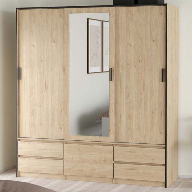 Florence 4 Door 4 Drawer Jackson Hickory Oak Sliding Wardrobe - Size: 4 Door, 4 Drawer - Brown - Furniture To Go - Wilko - image 1