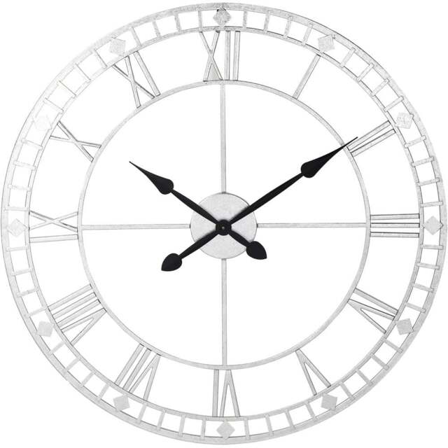 Pacific Lifestyle Antique Silver Metal Round Workframe Wall Clock with Roman Numerals 80cm - Size: 80 x 80 x 5cm - Wilko - image 1
