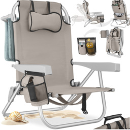 tectake Coral Beige Foldable Beach Chair with Backpack - Size: 78 x 63 x 101cm - Cream - Wilko - thumbnail 3