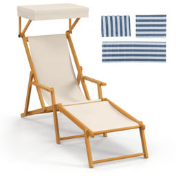 Costway Beige Birch Wood Chaise Lounge Chair with Adjustable Canopy - Size: 147 x 66 x 10cm - Cream - Wilko - thumbnail 3