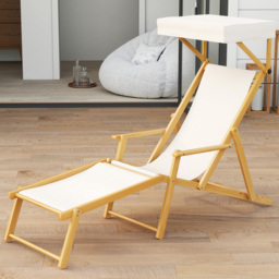 Costway Beige Birch Wood Chaise Lounge Chair with Adjustable Canopy - Size: 147 x 66 x 10cm - Cream - Wilko