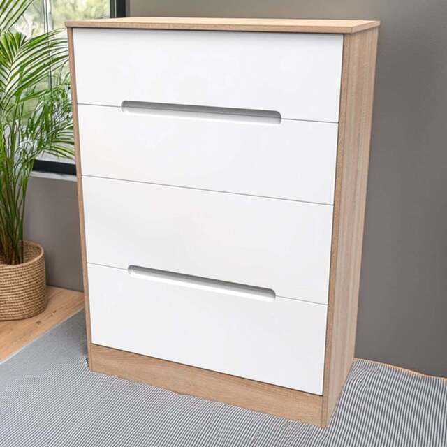 Crowndale Monaco 4 Drawer White Gloss and Bardolino Oak Deep Chest of Drawers Ready Assembled - White Gloss & Bardolino Oak - Wilko - image 1