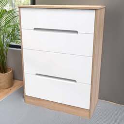 Crowndale Monaco 4 Drawer White Gloss and Bardolino Oak Deep Chest of Drawers Ready Assembled - White Gloss & Bardolino Oak - Wilko - thumbnail 1