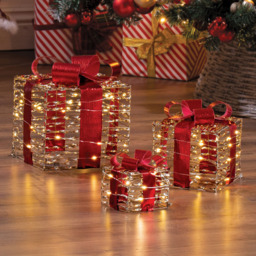 The Christmas Workshop 60 Warm White LED Gold and Red Gift Box Decoration Set of 3 - Size: 22 x 20 x 20cm - Wilko - thumbnail 1