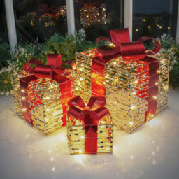 The Christmas Workshop 60 Warm White LED Gold and Red Gift Box Decoration Set of 3 - Size: 22 x 20 x 20cm - Wilko - thumbnail 4