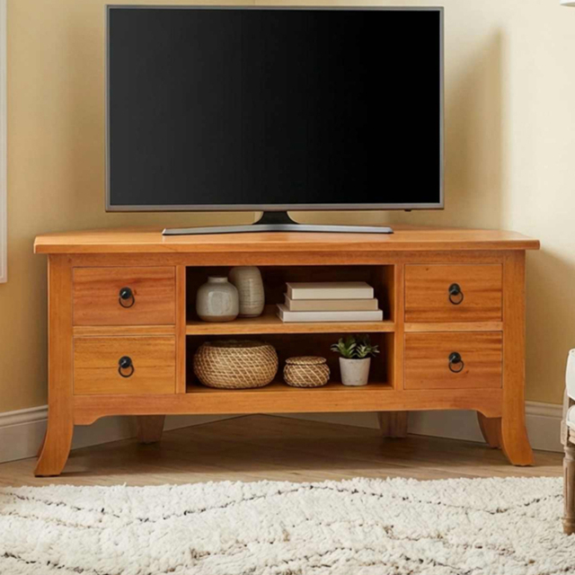 vidaXL 4 Drawer 2 Shelf Natural Solid Mahogany Wood TV Cabinet - Size: 46 x 100 x 40.5cm - Brown - Wilko - image 1