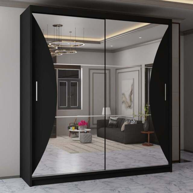 Sliding Wardrobes 4U California 2 Door Black Wide Curved Mirrored Wardrobe 203cm - Wilko - image 1