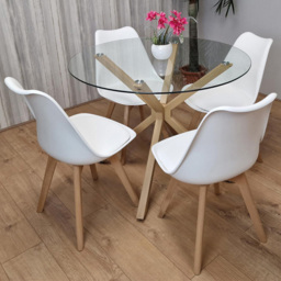 Kosy Koala 4 Seater Glass and Plastic Round Dining Table Set Oak Effect and White - Clear - Portland - Wilko - thumbnail 1