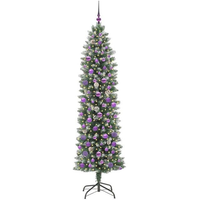 vidaXL Pre-Lit Warm White LED and Lilac Baubles Green Slim Artificial Christmas Tree 6.8ft - Wilko - image 1
