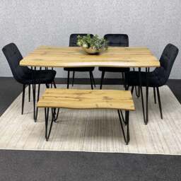 Kosy Koala 6 Seater Velvet Wooden Dining Set with Bench Black - Multi - Wilko