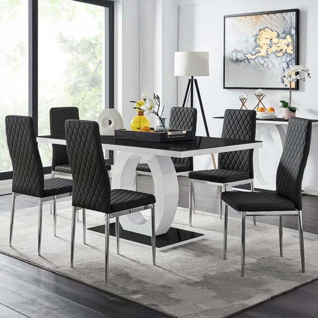 Furniturebox Lucia Valera 6 Seater Dining Set Grey Gloss Black and Chrome - Wilko - image 1