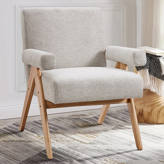 Living and Home Beige Linen Upholstered Wooden Armchair - Size: Single - Cream - Wilko - image 1