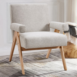 Living and Home Beige Linen Upholstered Wooden Armchair - Size: Single - Cream - Wilko