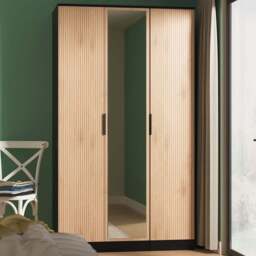 Crowndale Java 3 Door Slatt Effect and Black Tall Mirror Wardrobe Ready Assembled - Slatt Effect & Black - Wilko