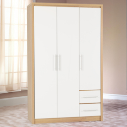 Seconique Seville 3 Door 2 Drawer White Gloss Light Oak Effect Veneer Wardrobe - Size: 3 Door, 2 Drawer - Wilko - thumbnail 1