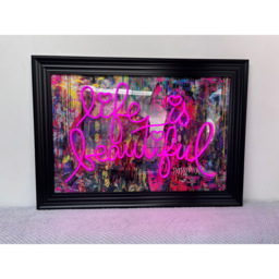 Splashbax Life Is Beautiful Black Premium Gallery Frame LED Neon Wall Art - Size: 105 x 75 x 7cm - Multi - Wilko - thumbnail 3