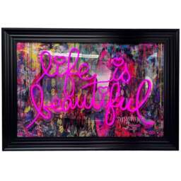 Splashbax Life Is Beautiful Black Premium Gallery Frame LED Neon Wall Art - Size: 105 x 75 x 7cm - Multi - Wilko