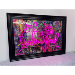 Splashbax Life Is Beautiful Black Premium Gallery Frame LED Neon Wall Art - Size: 105 x 75 x 7cm - Multi - Wilko - thumbnail 4