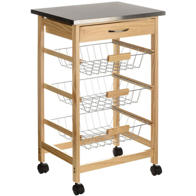 Premier Housewares Pinewood Kitchen Trolley with 3 Wire Storage Baskets - Size: 37 x 47 x 76cm - Brown - Wilko - image 1