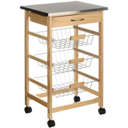 Premier Housewares Pinewood Kitchen Trolley with 3  Wire Storage Baskets - Size: 37 x 47 x 76cm - Brown - Wilko