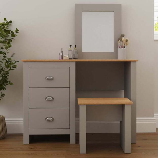 GFW Lancaster 3 Drawer Grey Dressing Table Set with Mirror - Size: 44 x 104 x 131cm - Wilko - image 1